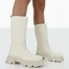 Public Desire UK Jolie Ecru Pu Knee High Chunky Sole Long Boots