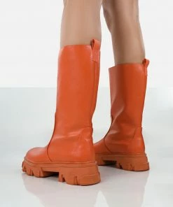 Public Desire UK Jolie Orange Pu Knee High Chunky Sole Long Boots