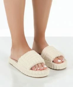 Public Desire UK NEW IN Juicy Ecru Terry Towelling Slider Slippers