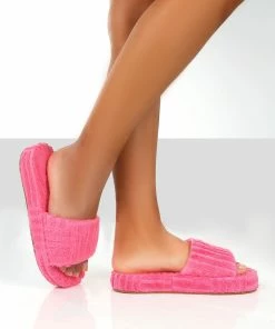 Public Desire UK FLATS JUICY PINK TERRY TOWELLING SLIDER SLIPPERS