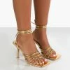 Public Desire UK KERI GOLD STRAPPY LACE UP MID HEELS