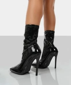 Public Desire UK Lars Black Patent Wide Fit Sock High Heeled Ankle Boots NEW IN