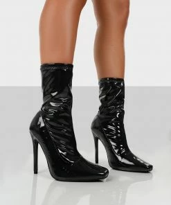 Public Desire UK Lars Black Patent Wide Fit Sock High Heeled Ankle Boots NEW IN