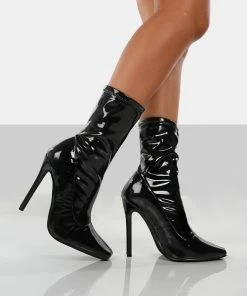 Public Desire UK Lars Black Patent Wide Fit Sock High Heeled Ankle Boots NEW IN