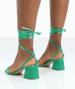 Public Desire UK Caught Out Green Satin Square Open Toe Lace Up Block Heeled Sandals
