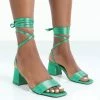 Public Desire UK Caught Out Green Satin Square Open Toe Lace Up Block Heeled Sandals
