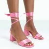 Public Desire UK Caught Out Pink Satin Square Open Toe Lace Up Block Heeled Sandals