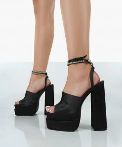 Public Desire UK Lilibet Black Satin Diamante Lace Up Strappy Open Toe Statement Platform Block Heels NEW IN