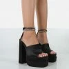 Public Desire UK Lilibet Black Satin Diamante Lace Up Strappy Open Toe Statement Platform Block Heels NEW IN