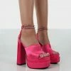 Public Desire UK Lilibet Pink Satin Diamante Lace Up Strappy Open Toe Statement Platform Block Heels