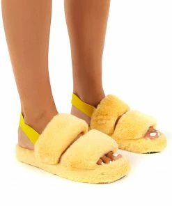 Public Desire UK FLATS Lullaby Lemon Fluffy Strap Back Slippers