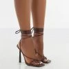 Public Desire UK Lacey Chocolate Square Toe Strappy Lace Up Stiletto Heels Back In Stock