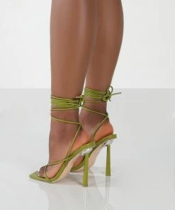 Public Desire UK Lacey Olive PU Square Toe Strappy Lace Up Stiletto Heels