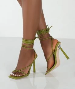 Public Desire UK Lacey Olive PU Square Toe Strappy Lace Up Stiletto Heels