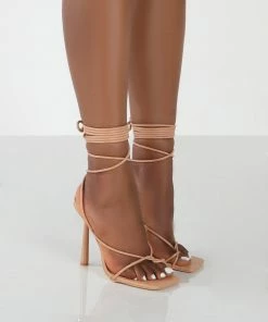 Public Desire UK Lacey Nude PU Square Toe Strappy Lace Up Stiletto Heels NEW IN