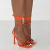 Public Desire UK Lacey Orange Patent Square Toe Strappy Lace Up Stiletto Heels