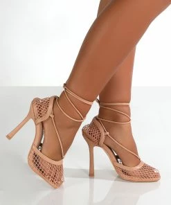Public Desire UK Longshot Nude Wrap Around Mesh Heels