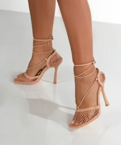 Public Desire UK Longshot Nude Wrap Around Mesh Heels