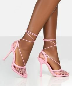 Public Desire UK Longshot Pink Wrap Around Mesh Heels