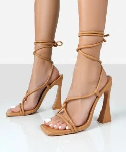 Public Desire UK LORI TAN STRAPPY LACE UP SQUARE TOE HEELS