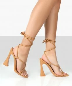 Public Desire UK LORI TAN STRAPPY LACE UP SQUARE TOE HEELS