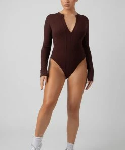 Public Desire UK Zip Front Ribbed Bodysuit Coffee