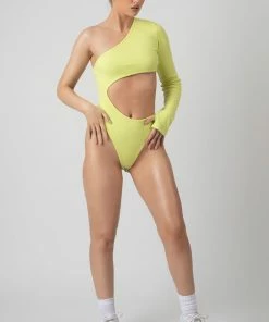 Public Desire UK KAIIA CLOTHING Ribbed Cut Out One Sleeve Bodysuit Lime