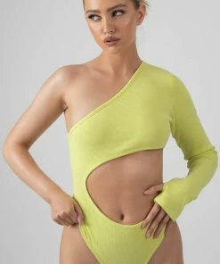 Public Desire UK KAIIA CLOTHING Ribbed Cut Out One Sleeve Bodysuit Lime