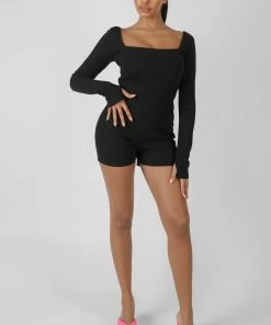 Public Desire UK Long Sleeved Ribbed Short Unitard Black