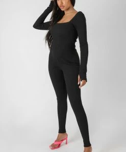 Public Desire UK KAIIA CLOTHING Long Sleeve Square Neck Ribbed Jumpsuit Black