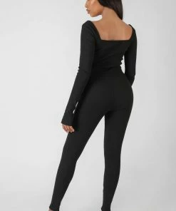 Public Desire UK KAIIA CLOTHING Long Sleeve Square Neck Ribbed Jumpsuit Black