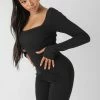 Public Desire UK KAIIA CLOTHING Long Sleeve Square Neck Ribbed Jumpsuit Black