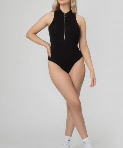 Public Desire UK Zip Front Racer Bodysuit Black KAIIA CLOTHING
