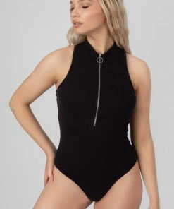 Public Desire UK Zip Front Racer Bodysuit Black KAIIA CLOTHING