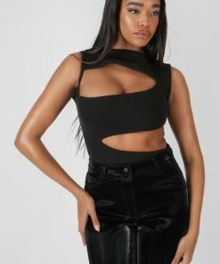 Public Desire UK KAIIA CLOTHING Asymmetric Cut Away Bodysuit Black