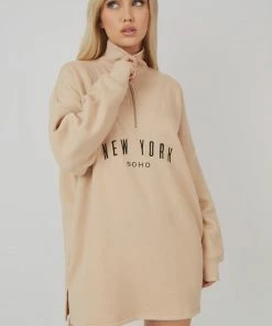 Public Desire UK Oversize Half Zip Sweater Dress Stone KAIIA CLOTHING