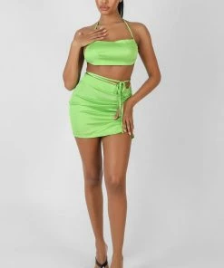 Public Desire UK Satin Ruched Detail Mini Skirt Green