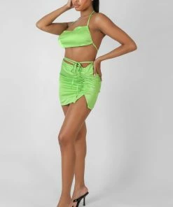 Public Desire UK Satin Ruched Detail Mini Skirt Green