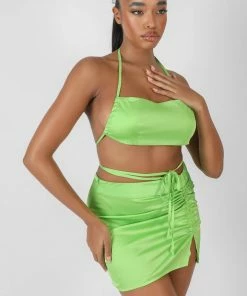 Public Desire UK Satin Ruched Detail Mini Skirt Green