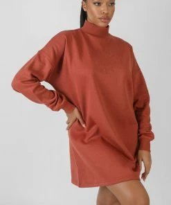 Public Desire UK KAIIA CLOTHING High Neck Embroidered Sweater Dress Rust