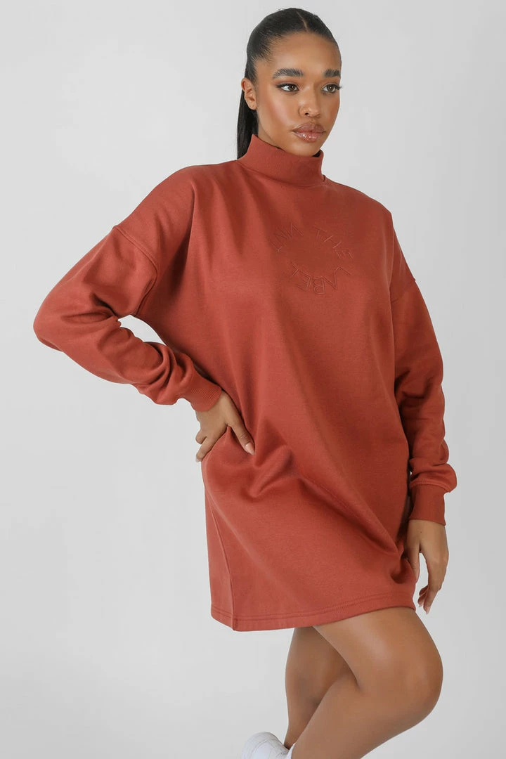 Public Desire UK KAIIA CLOTHING High Neck Embroidered Sweater Dress Rust 1 Public Desire UK KAIIA CLOTHING High Neck Embroidered Sweater Dress Rust