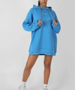 Public Desire UK KAIIA CLOTHING Contrast Stitch Slogan Hoodie Sweat Dress Blue
