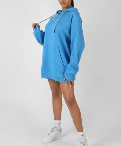 Public Desire UK KAIIA CLOTHING Contrast Stitch Slogan Hoodie Sweat Dress Blue