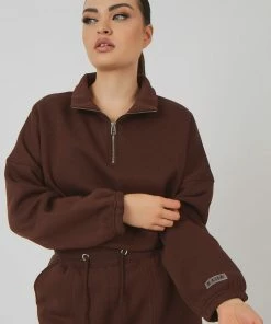 Public Desire UK Oversized Half Zip Gathered Hem Sweat Chocolate KAIIA CLOTHING