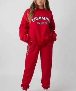 Public Desire UK Oversized Columbia Embroidered Slogan 90S Joggers Red