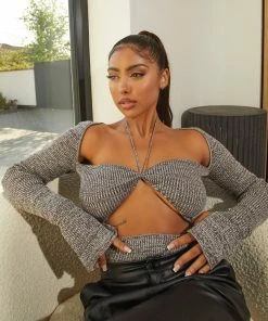 Public Desire UK Space Dye Cut Out Strappy Long Sleeve Bodysuit Brown