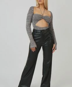 Public Desire UK Space Dye Cut Out Strappy Long Sleeve Bodysuit Brown