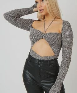 Public Desire UK Space Dye Cut Out Strappy Long Sleeve Bodysuit Brown