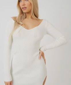 Public Desire UK Knitted Off Shoulder Dress Ivory KAIIA CLOTHING