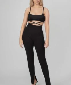 Public Desire UK Split Hem Ribbed Leggings Black KAIIA CLOTHING